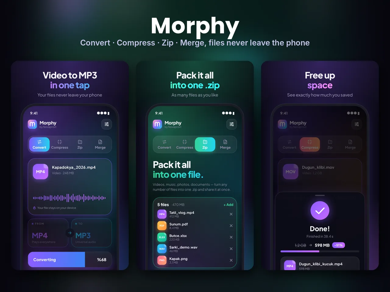 Morphy: dönüştür, sıkıştır, zip'le, birleştir